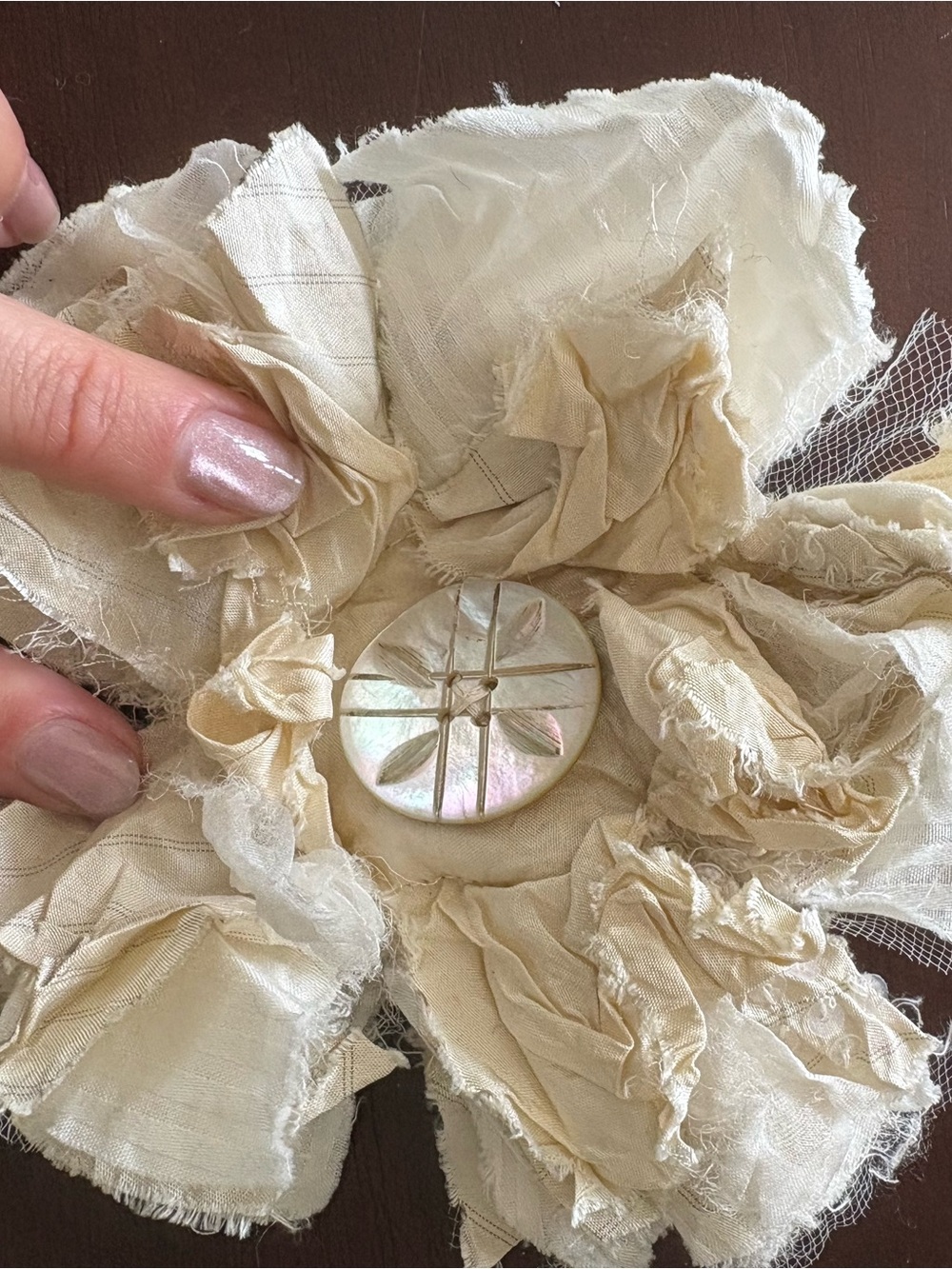 Cream Fabric Flower Brooch with Iridescent Shell Button
